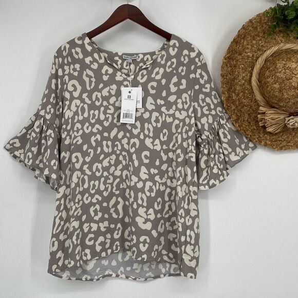 Mary Square Wildly Wonderful Flutter Sleeve Grey‎ Shea Split-Neck Top Blouse L - Picture 1 of 14